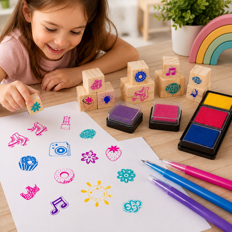 Young child using the Educational Colours Wooden Stamp Set Good Vibes! with colourful ink pads, markers, and positive themed wooden stamps creating bright artwork on white paper during a fun creative activity.