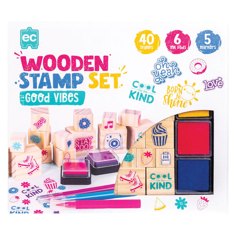 Retail packaging for the Educational Colours Wooden Stamp Set Good Vibes! showing colourful positivity themed stamps, ink pads, markers, and sample artwork designs for creative play and learning.