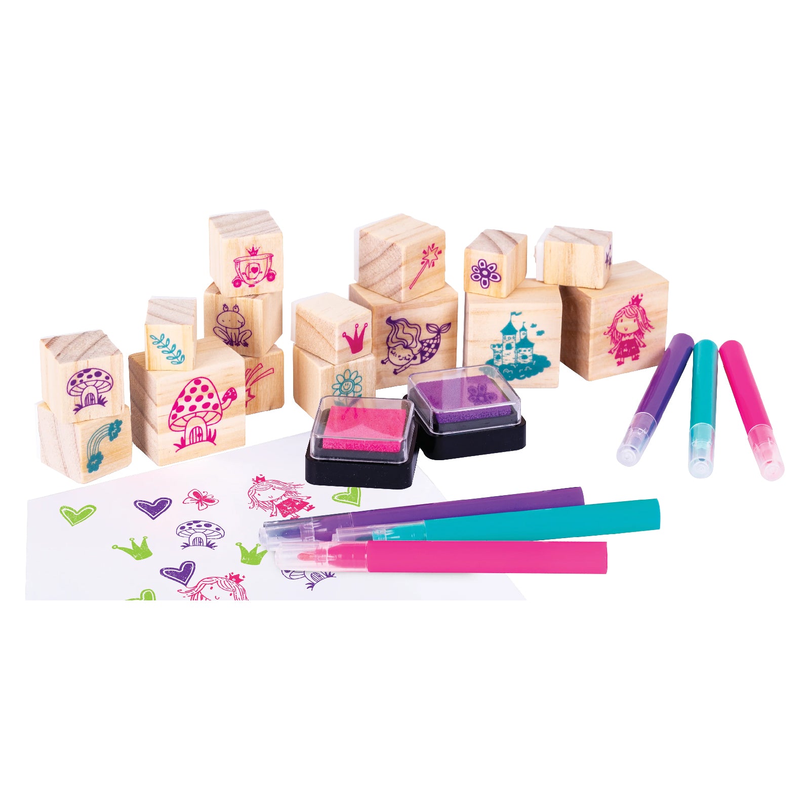 Product display of the Once Upon A Time wooden stamp set featuring wooden fairytale stamps, pink and purple ink pads, colourful markers, and stamped magical designs on white paper background.