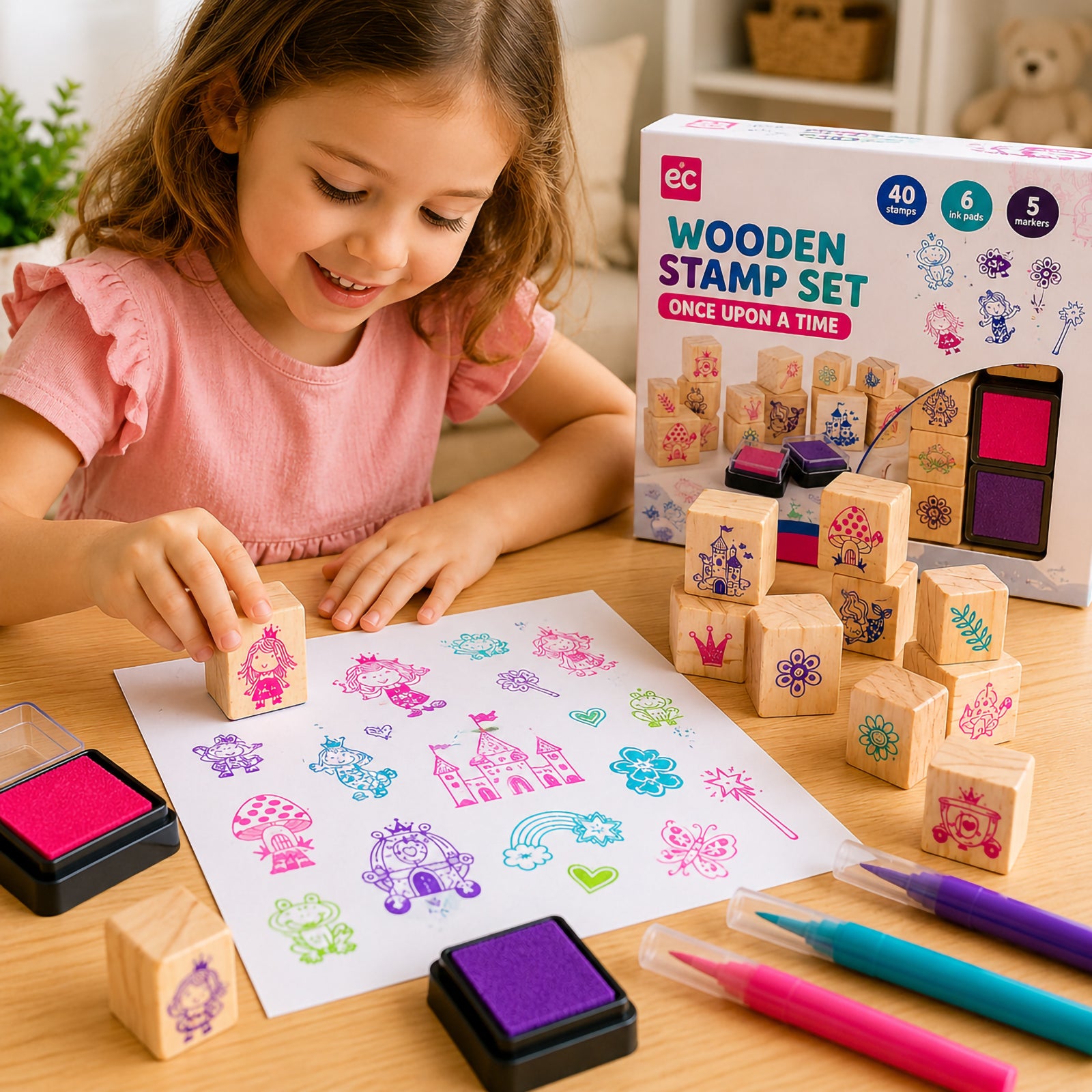 Young child using the Educational Colours Wooden Stamp Set Once Upon A Time to create colourful fairytale artwork featuring castles, princesses, rainbows, flowers, and magical themed stamps with vibrant ink pads and markers on a wooden table.