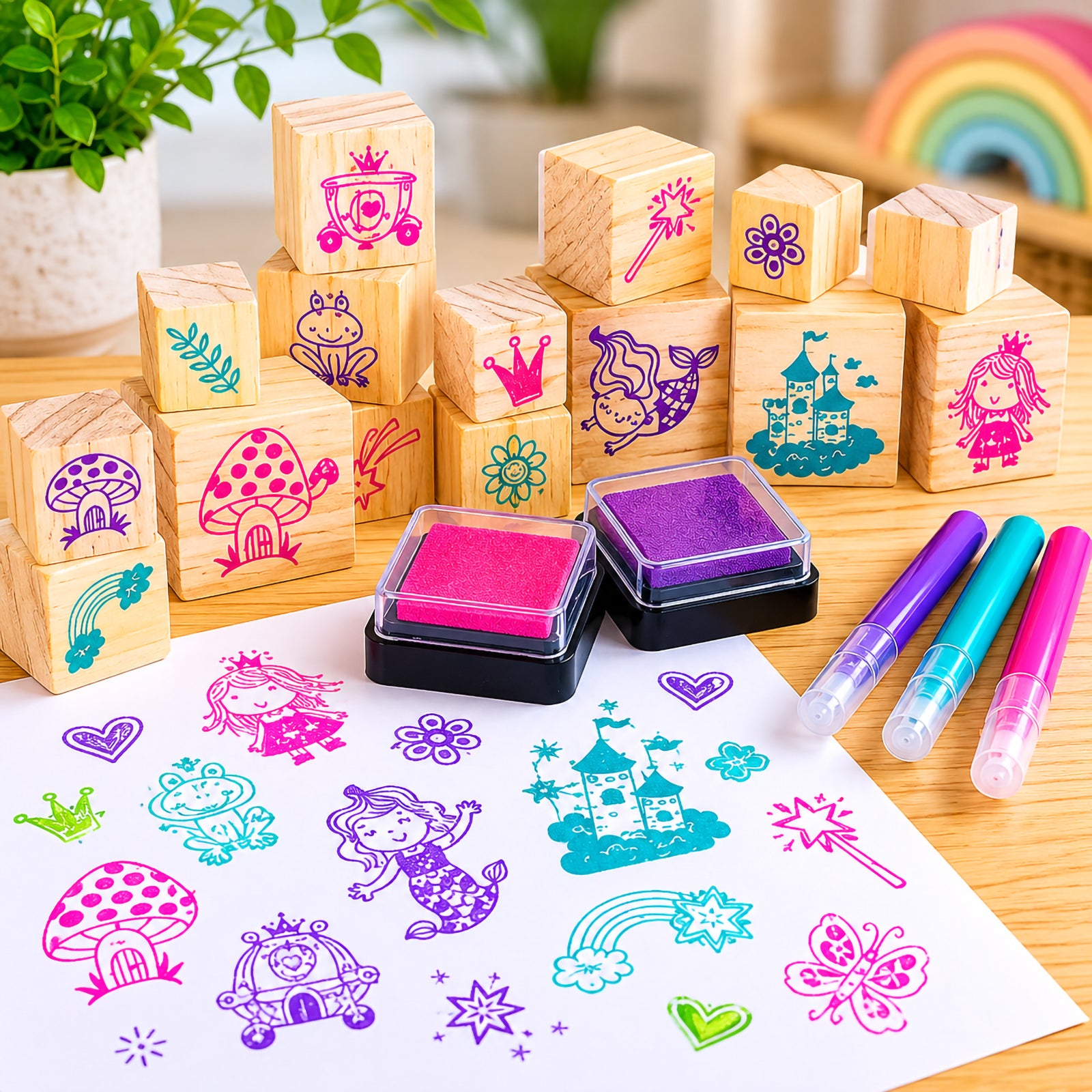 Close up of the Once Upon A Time wooden stamp collection displaying fairytale themed wooden blocks including mushrooms, mermaids, castles, flowers, crowns, and magical wands beside bright ink pads and coloured markers.