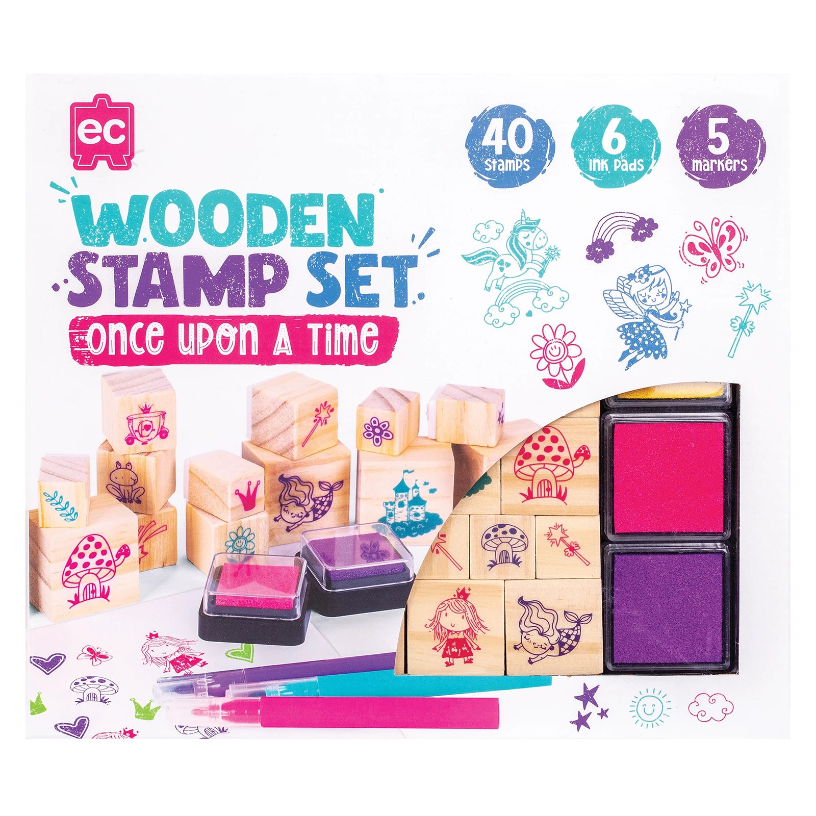 Retail packaging artwork for the Educational Colours Wooden Stamp Set Once Upon A Time showing included fairytale stamps, bright ink pads, markers, and themed illustrations designed for children’s imaginative craft play.