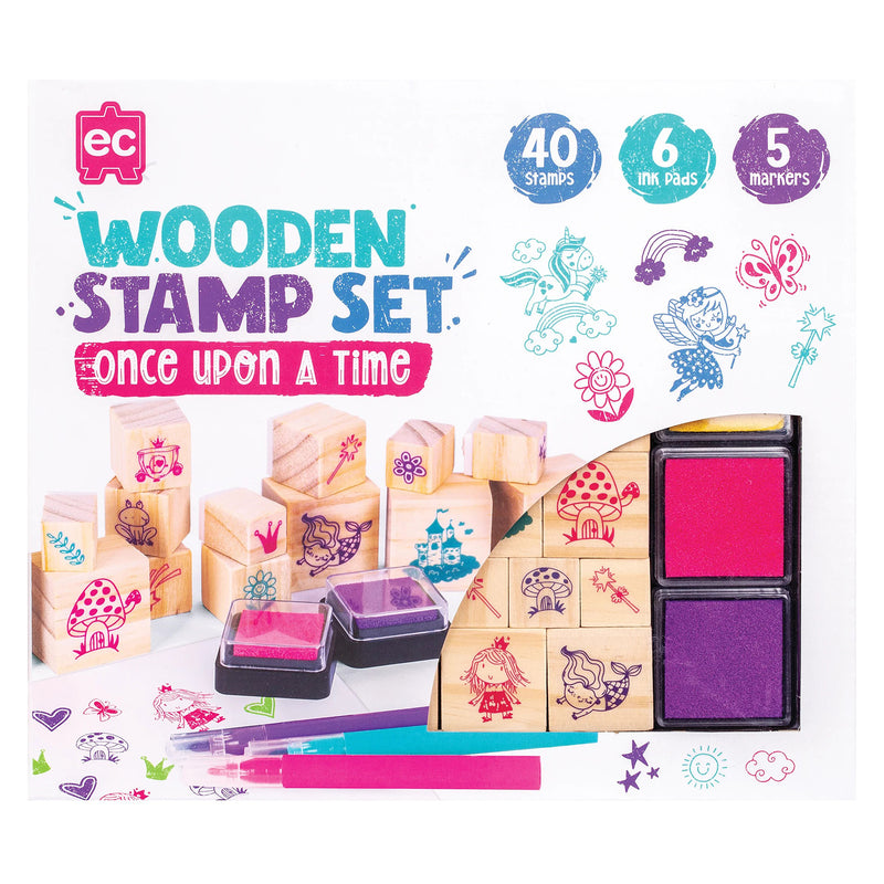 Retail packaging artwork for the Educational Colours Wooden Stamp Set Once Upon A Time showing included fairytale stamps, bright ink pads, markers, and themed illustrations designed for children’s imaginative craft play.