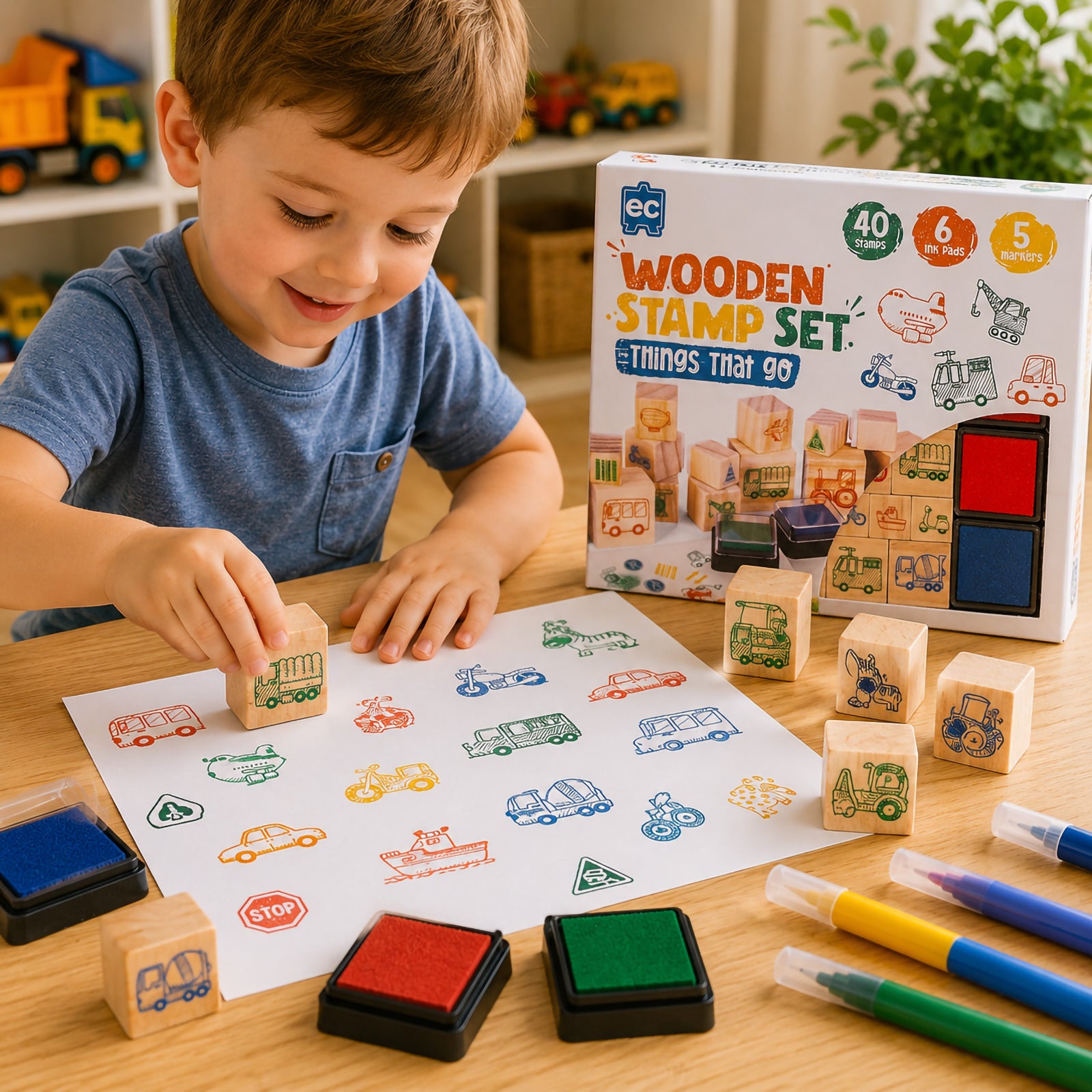 Young child using the Educational Colours Wooden Stamp Set Things That Go with colourful vehicle stamps, ink pads, and markers to create transport themed artwork featuring buses, trucks, scooters, and construction vehicles.