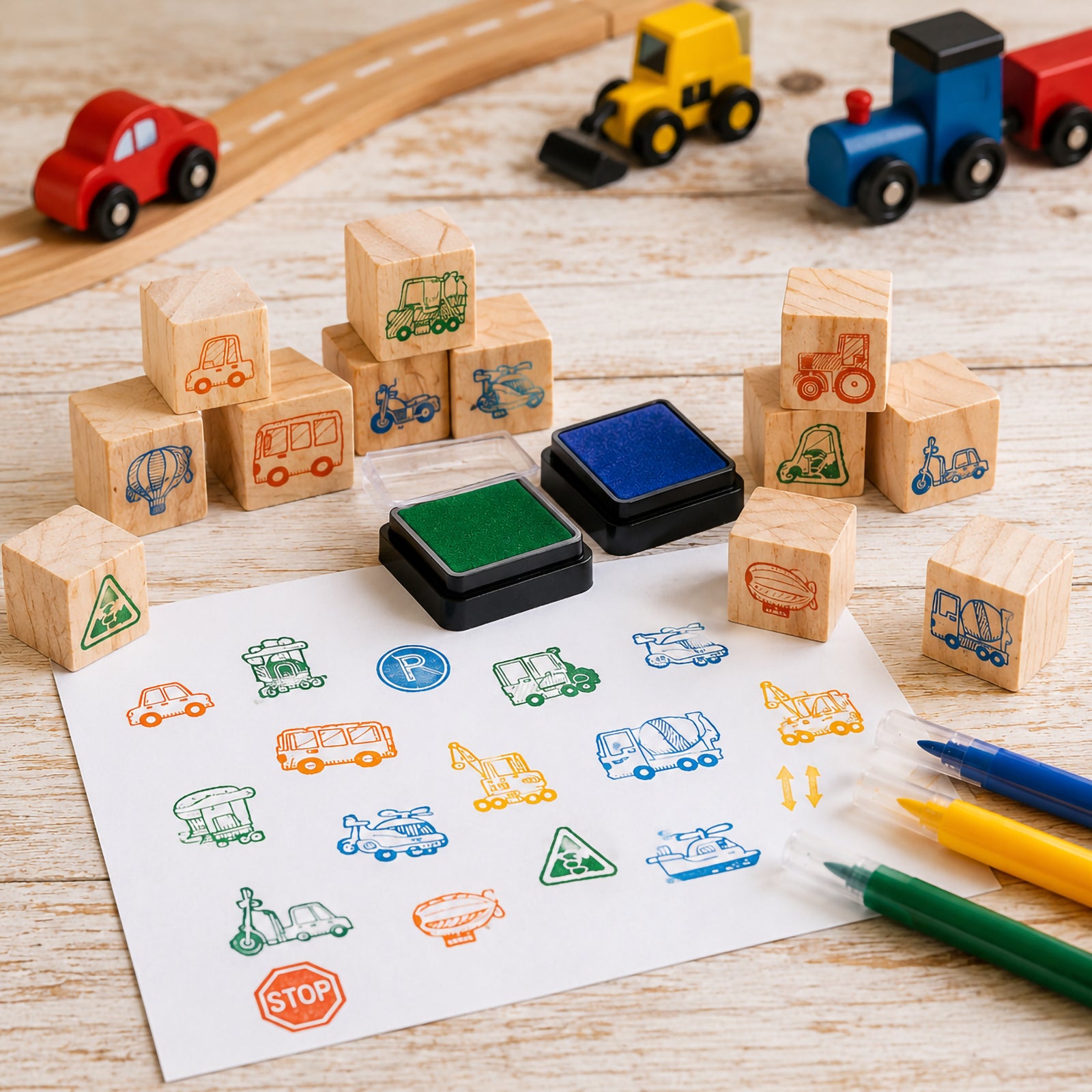 Wooden vehicle stamp collection displayed with colourful ink pads and transport themed artwork featuring buses, aircraft, tractors, cranes, and scooters on a wooden play surface with toy vehicles in the background.
