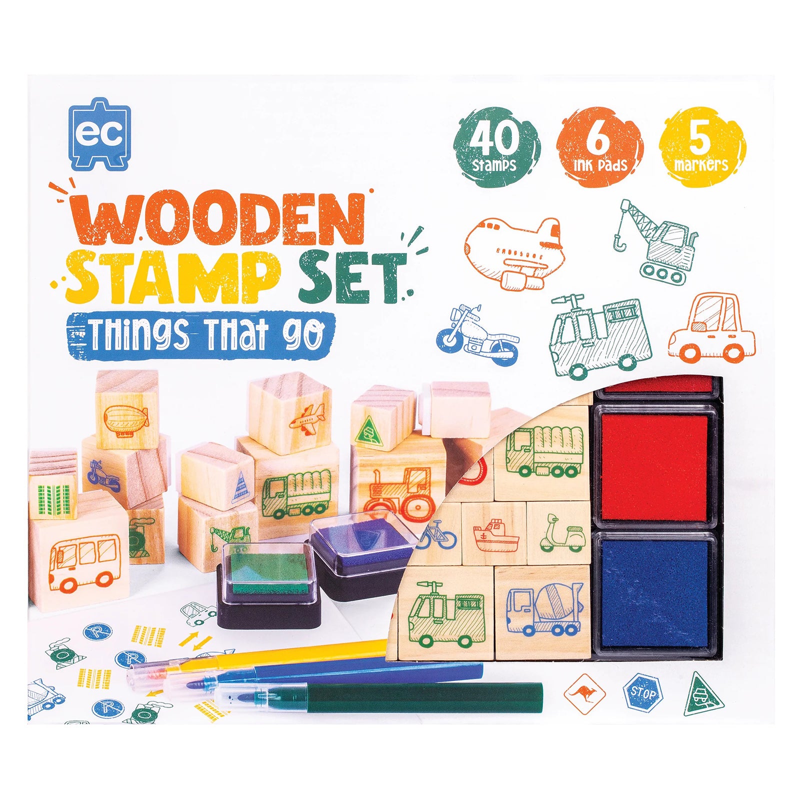 Retail packaging artwork for the Educational Colours Wooden Stamp Set Things That Go featuring colourful vehicle stamp designs, transport illustrations, markers, and ink pads for creative play.