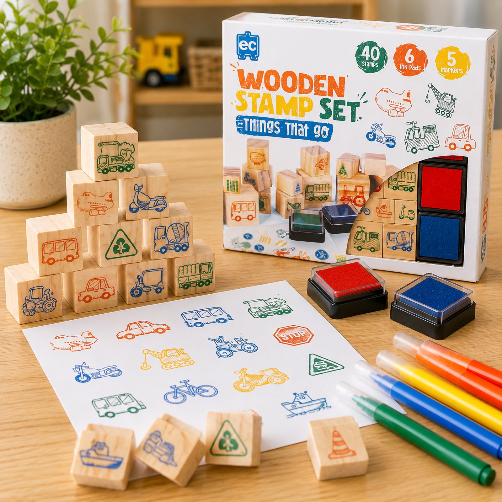 Educational Colours Wooden Stamp Set Things That Go retail packaging displayed beside transport themed wooden stamps, colourful ink pads, and stamped vehicle artwork for creative learning and classroom activities.