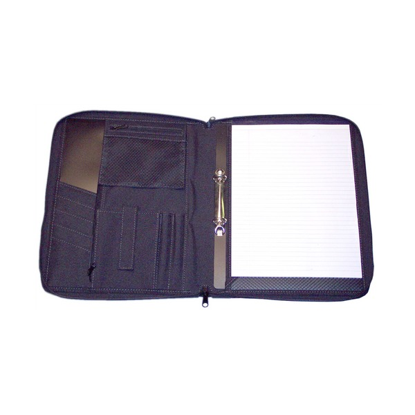 Workmate WM80RB A4 black zippered portfolio open to show ring binder insert, writing pad and front cover organiser pockets