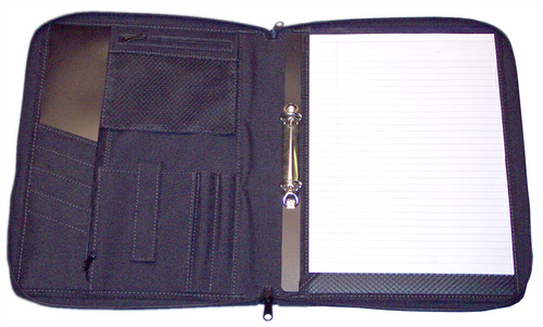 Workmate WM80RB A4 black zippered portfolio open to show ring binder insert, writing pad and front cover organiser pockets