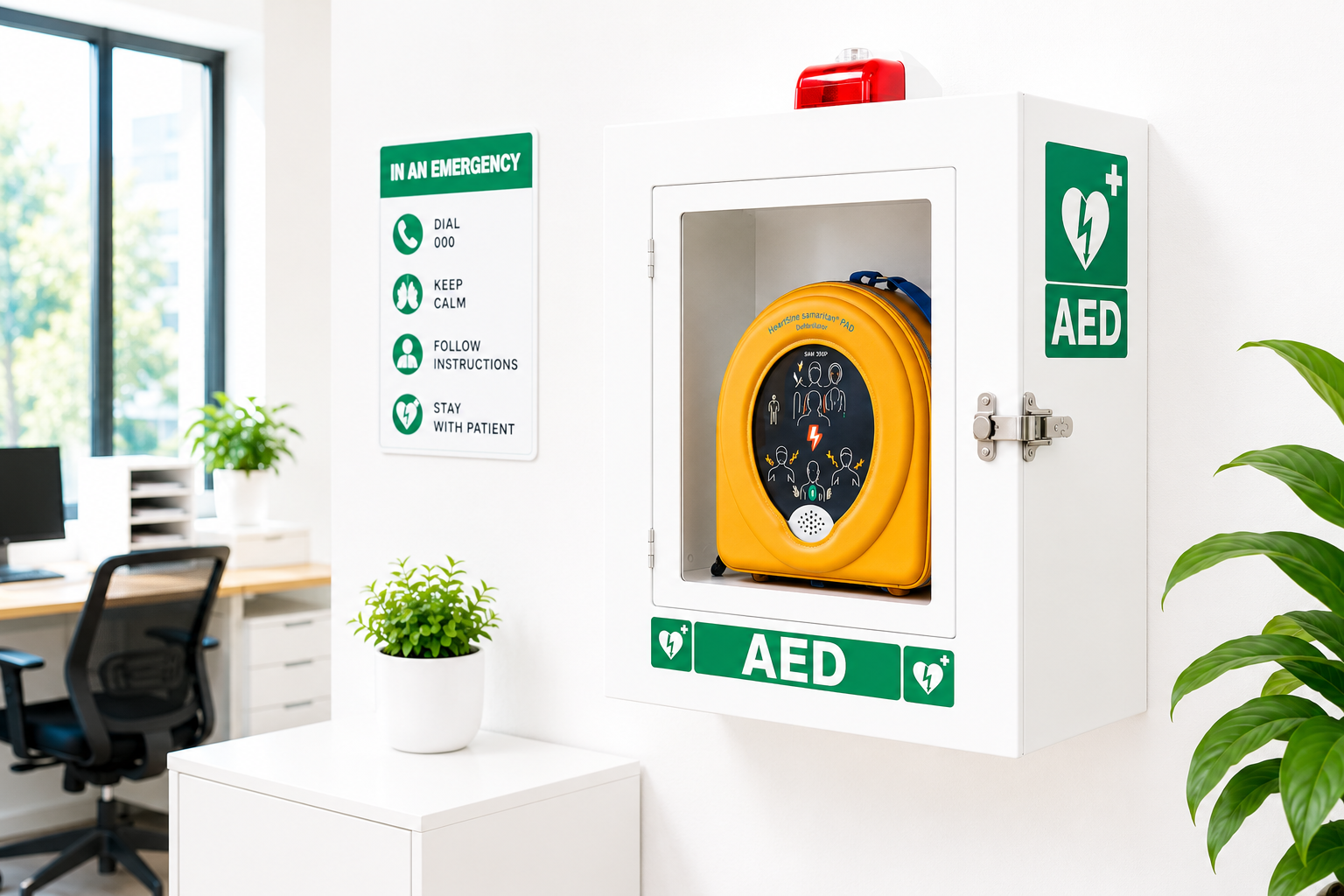 A white wall-mounted AED (automated external defibrillator) cabinet with a clear door showing a yellow defibrillator inside, photographed in a bright office or clinic setting with a desk, chair, window, and potted plants visible.