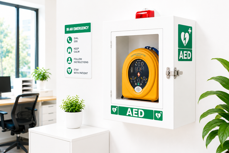 A white wall-mounted AED (automated external defibrillator) cabinet with a clear door showing a yellow defibrillator inside, photographed in a bright office or clinic setting with a desk, chair, window, and potted plants visible.