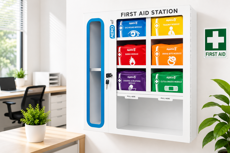 A white AERO wall-mounted first aid station cabinet with a blue-framed door and six brightly colored pouch compartments labeled for different first aid needs. The cabinet is shown in a bright office-like room with a desk, chair, window, and potted plant visible.