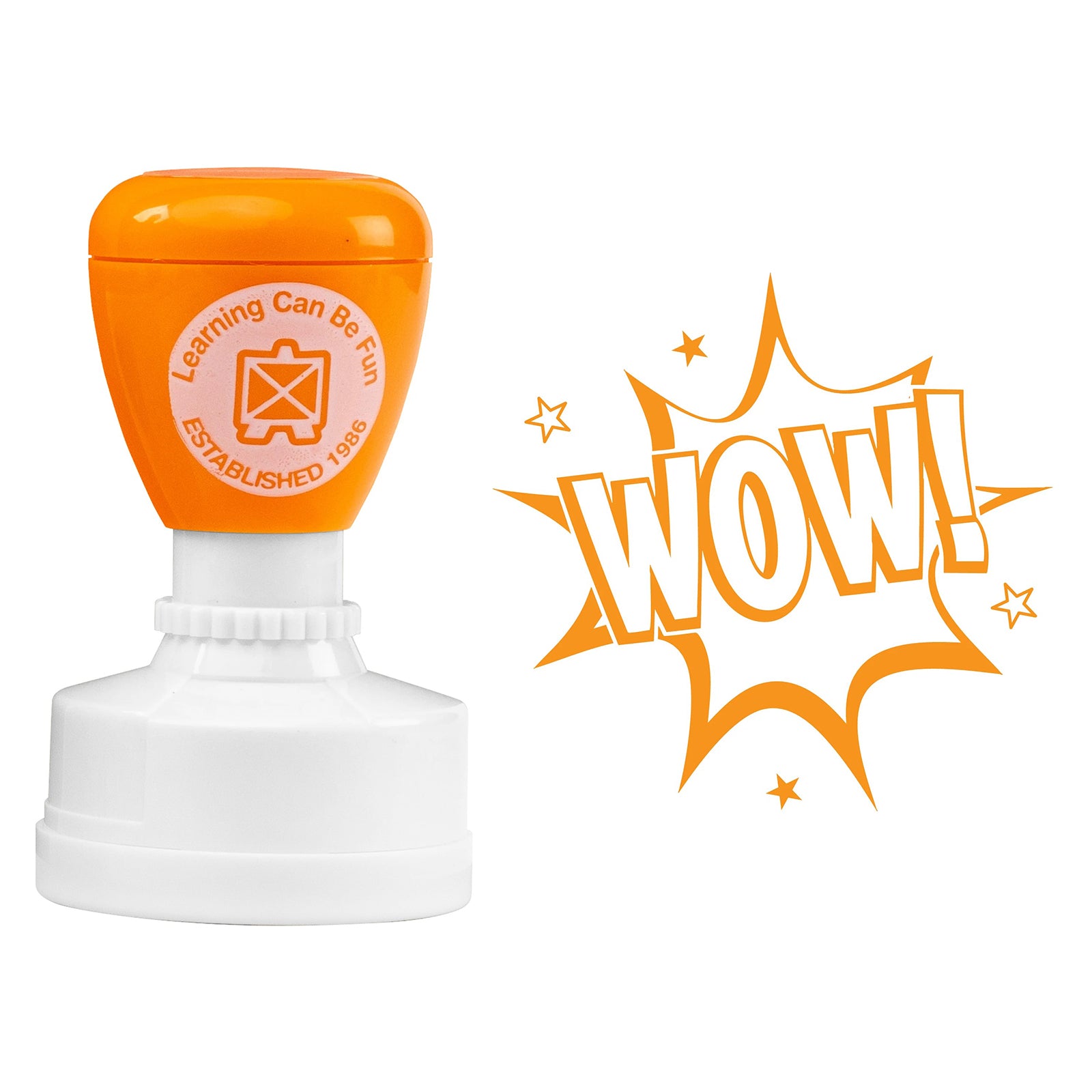 Product close up showing the orange merit stamp alongside the detailed WOW! artwork. The bold comic inspired design is ideal for making student achievements feel exciting and memorable.