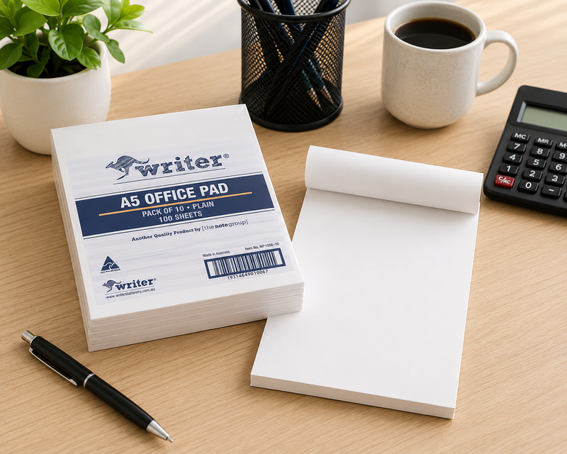 A5 office pad with packaging, pen, coffee, and calculator on a desk