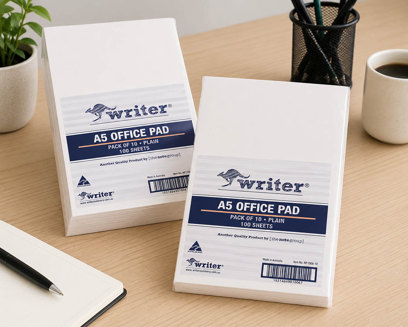 Writer Bank Office Pad Plain 100 Sheet A5 200x150mm Pack 10 — open pages showing plain paper