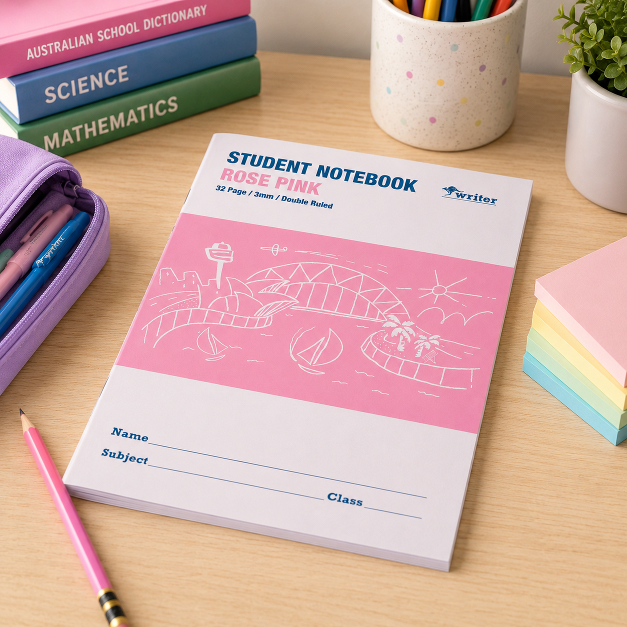 Writer Student Notebook 32 Page Double Ruled 3mm Rose Pink Pack 20-5