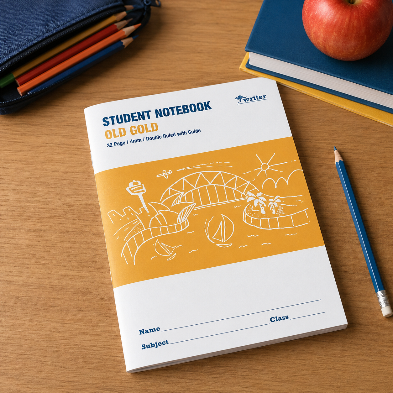 Student notebook with orange and white design on a wooden surface with pencils and an apple.