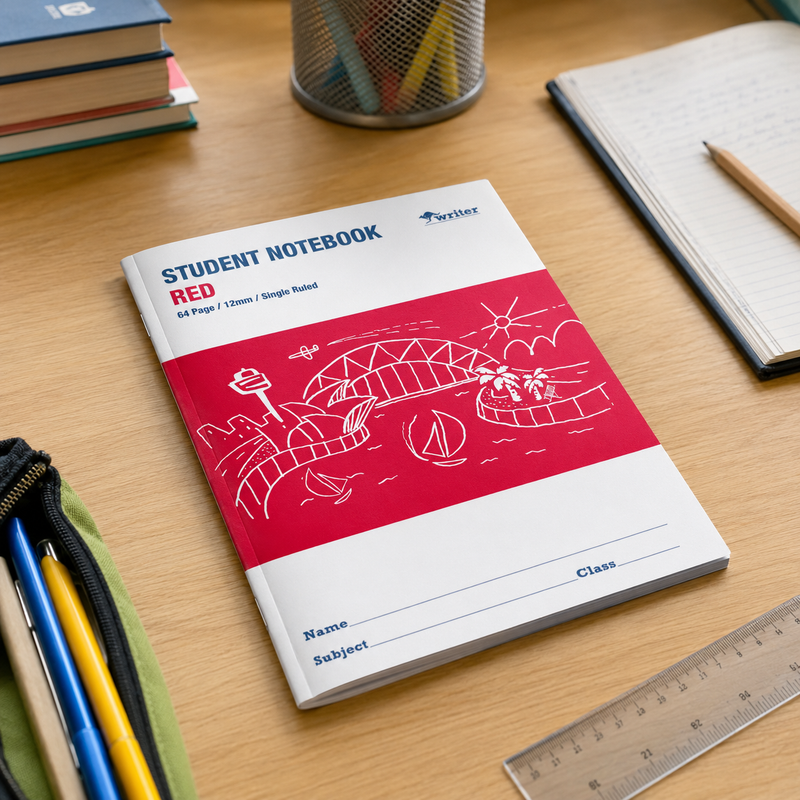 Red student notebook on a wooden desk with stationery items