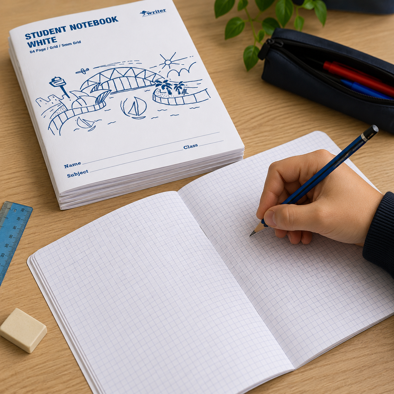 Open notebook with a hand writing, surrounded by stationery items on a wooden surface.