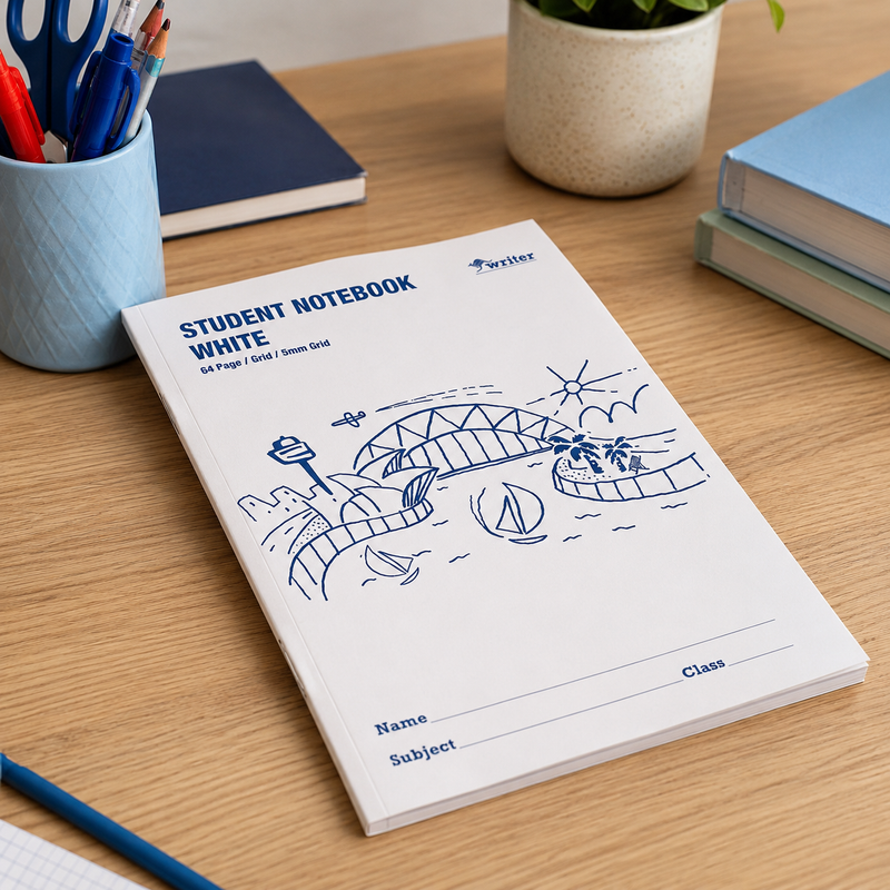 Student notebook with a scenic design on a desk with stationery items.