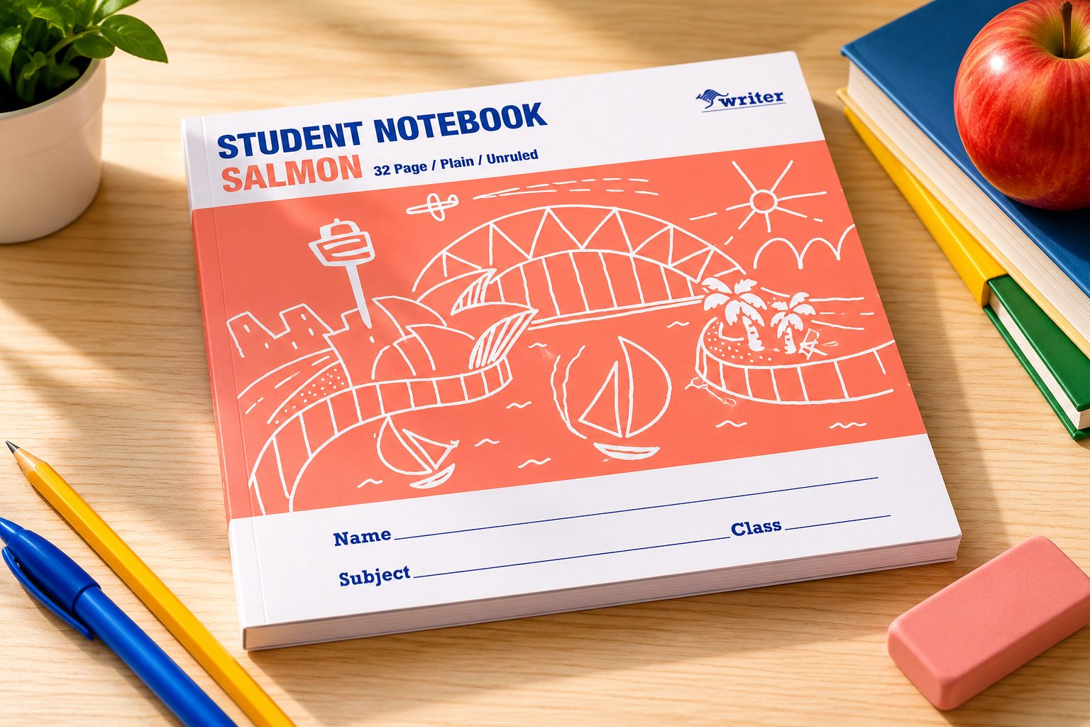 Student notebook with salmon cover on a wooden surface with stationery items