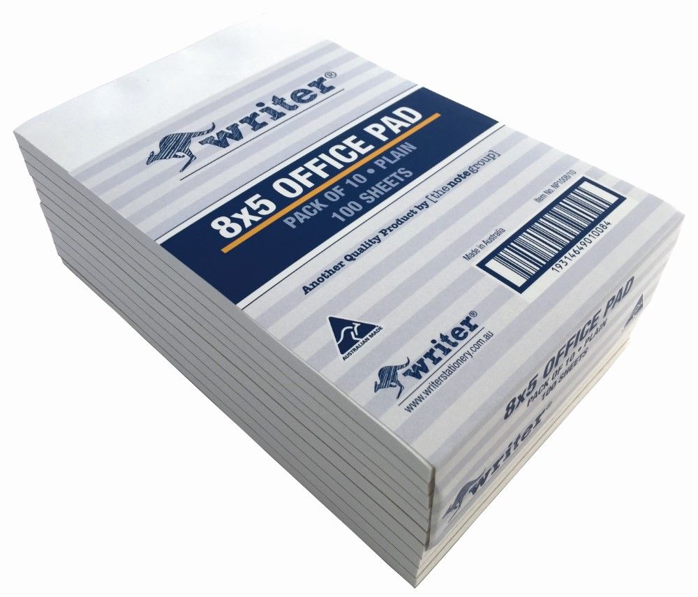 Writer 8x5 100-Sheet Plain Office Notepad - front view showing plain white pages
