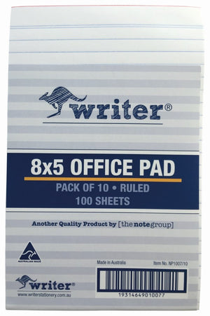 Writer 8x5 office pad in a striped wrapper with a navy band reading 8x5 Office Pad, Pack of 10, Ruled, 100 Sheets