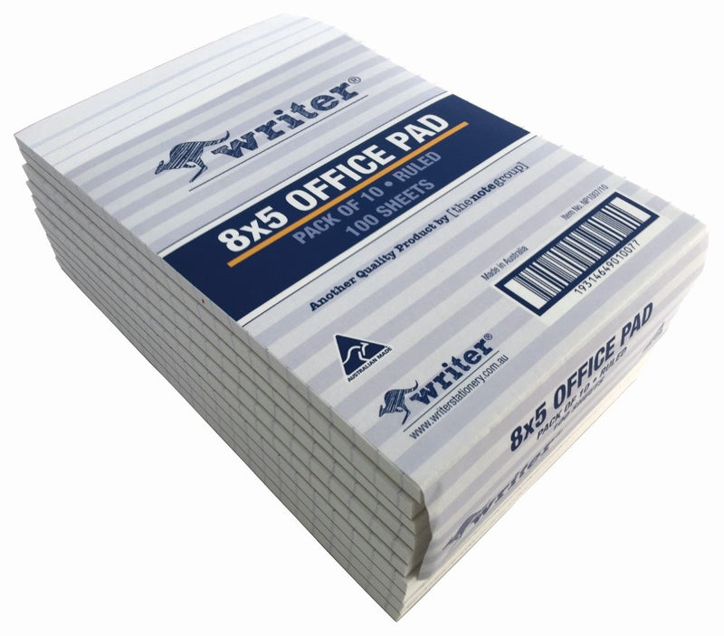 Stack of wrapped Writer 8x5 ruled office pads on an angle, with the band, logo and barcode panel visible