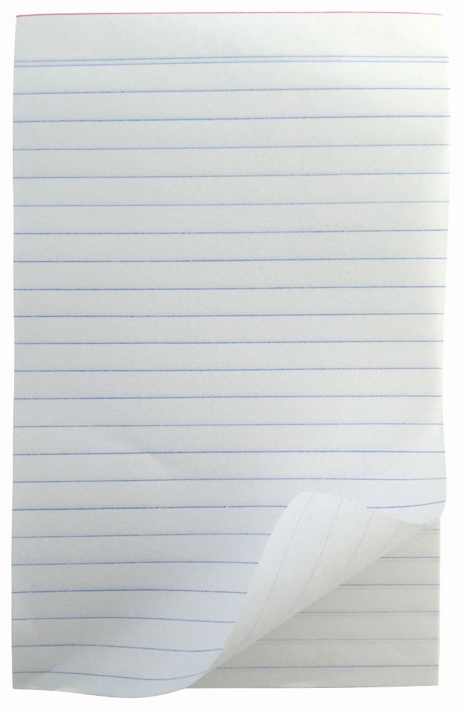 A sheet from the Writer 8x5 ruled pad showing blue lines, a red strip on the top edge and a lifted bottom corner