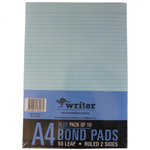 Writer A4 blue bond pad in a blue and black wrapper band printed Blue Pack of 10, 50 Leaf, Ruled 2 Sides
