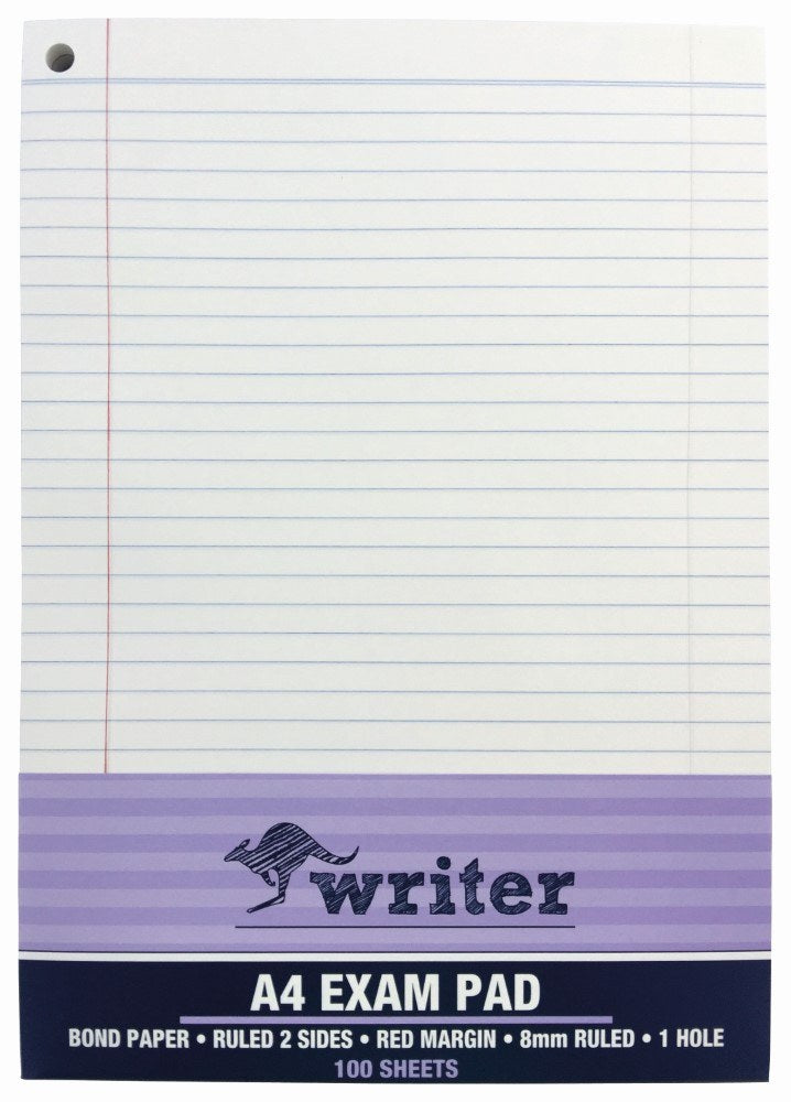 Writer A4 exam pad front with a red margin, a punched hole top left and a lilac band reading A4 Exam Pad, 100 Sheets