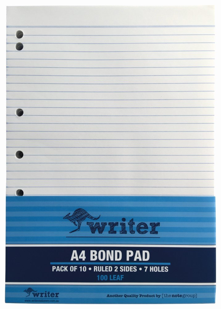 Writer A4 bond pad with 7 punched holes on the left and a blue band reading A4 Bond Pad, Pack of 10, Ruled 2 Sides, 7 Holes, 100 Leaf