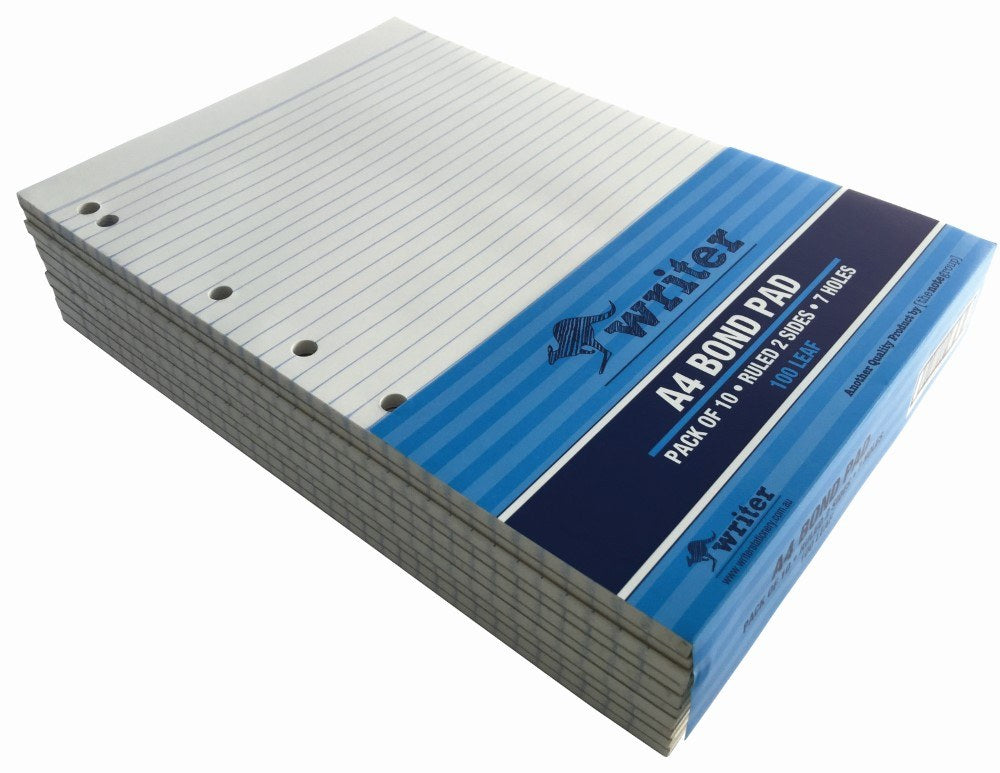 Stack of Writer A4 bond pads with punched holes on the left edge, wrapped by a blue striped band, on an angle