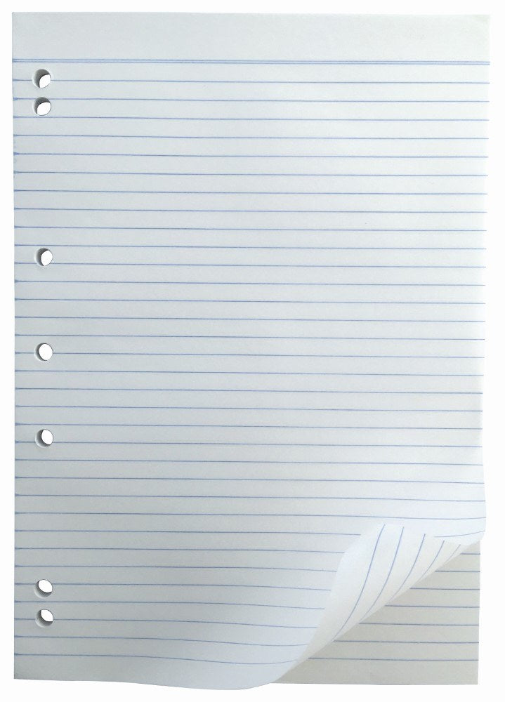 Ruled leaf from the Writer 7 hole bond pad with the punched holes down the left side and the bottom corner turned up