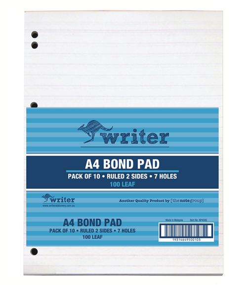 Earlier artwork of the Writer A4 bond pad band with 7 holes, 100 leaf wording, a barcode panel and Made in Malaysia print