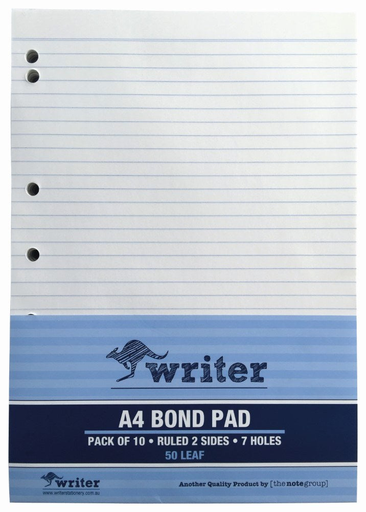 Writer A4 bond pad front with 7 punched holes on the left and a pale blue band reading Pack of 10, Ruled 2 Sides, 7 Holes, 50 Leaf