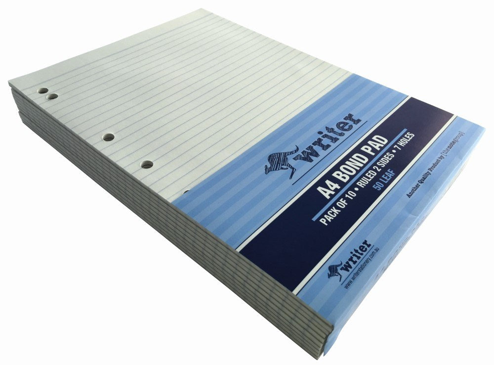 Stack of slim Writer A4 bond pads under a pale blue band, photographed on an angle with the punched holes visible
