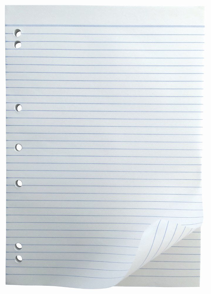 Lined leaf from the Writer 50 leaf bond pad showing the 7 holes down the left and the bottom corner curled