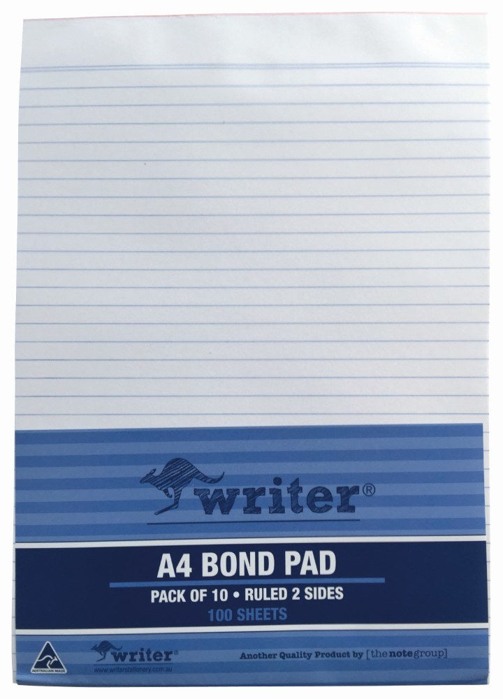 Writer A4 bond pad front with ruled lines and a mid blue band reading A4 Bond Pad, Pack of 10, Ruled 2 Sides, 100 Sheets