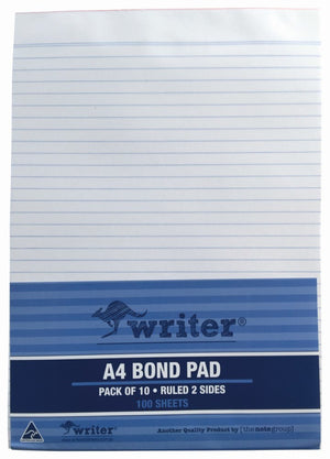 Writer A4 bond pad front with ruled lines and a mid blue band reading A4 Bond Pad, Pack of 10, Ruled 2 Sides, 100 Sheets