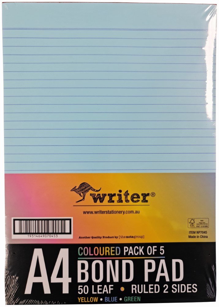 Shrink wrapped Writer A4 coloured bond pad pack with a band reading Coloured Pack of 5, 50 Leaf, Ruled 2 Sides, Yellow Blue Green
