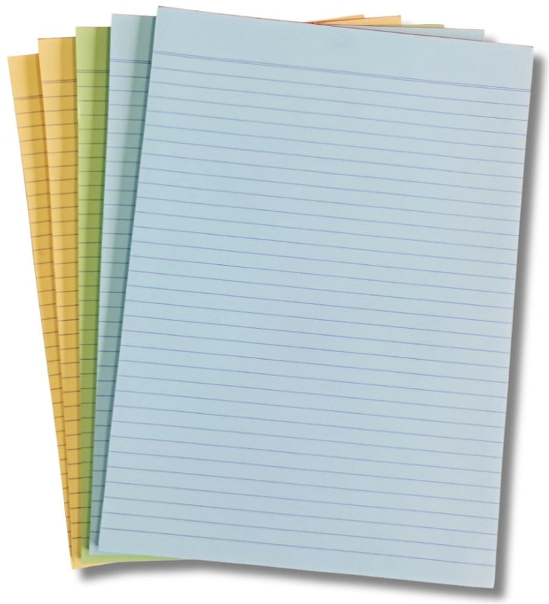 Five Writer A4 ruled pads fanned out, two yellow, one green and two blue, showing the lined pages