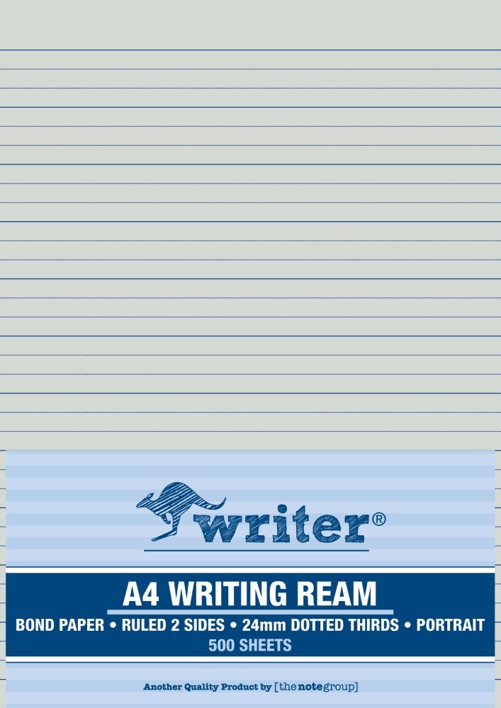 Writer A4 writing ream in its pale blue wrapper printed bond paper, ruled 2 sides, 24mm dotted thirds, portrait, 500 sheets, with the ruled top sheet showing above