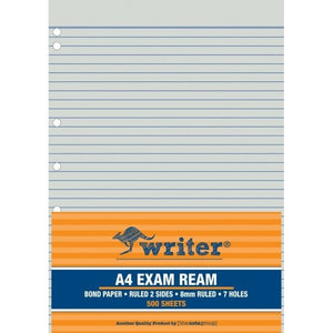 Writer A4 exam ream in an orange wrapper printed bond paper, ruled 2 sides, 8mm ruled, 7 holes, 500 sheets, with punched holes on the top sheet