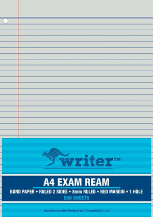 Writer A4 exam ream in a turquoise wrapper printed 8mm ruled, red margin, 1 hole, 500 sheets, with the red margin and corner hole on the top sheet