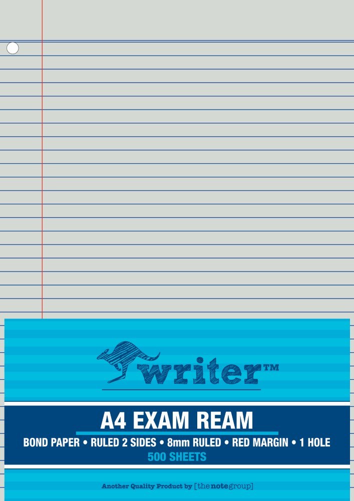Writer A4 exam ream in a turquoise wrapper printed 8mm ruled, red margin, 1 hole, 500 sheets, with the red margin and corner hole on the top sheet
