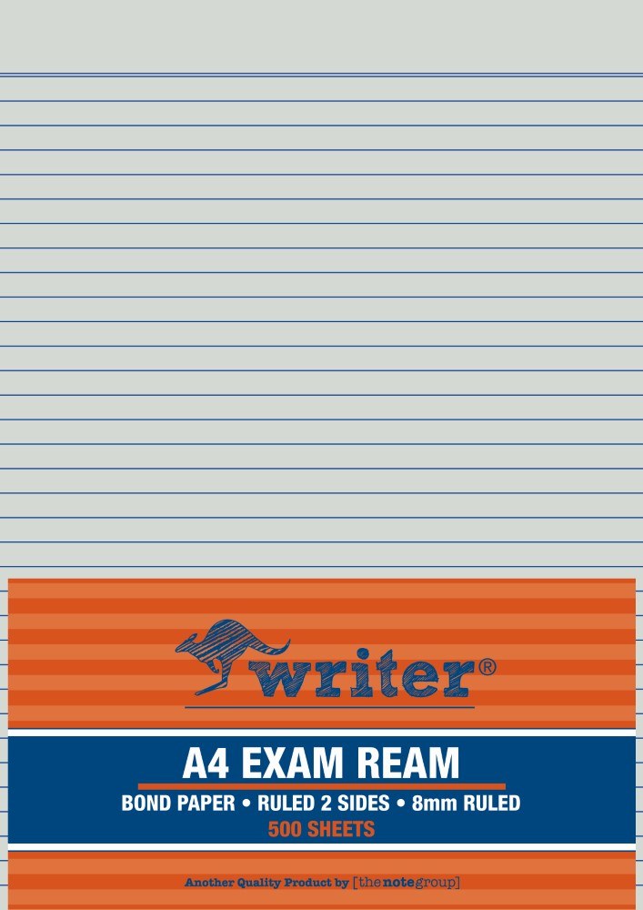 Writer A4 exam ream with an orange striped wrapper printed bond paper, ruled 2 sides, 8mm ruled, 500 sheets, over a lined top sheet