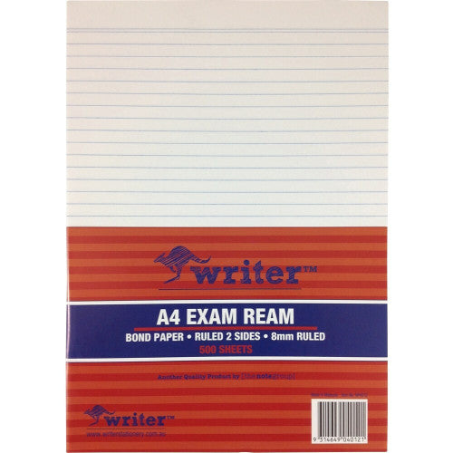 Earlier red striped wrapper of the Writer A4 exam ream, 8mm ruled on both sides, 500 sheets, with the barcode in the lower corner
