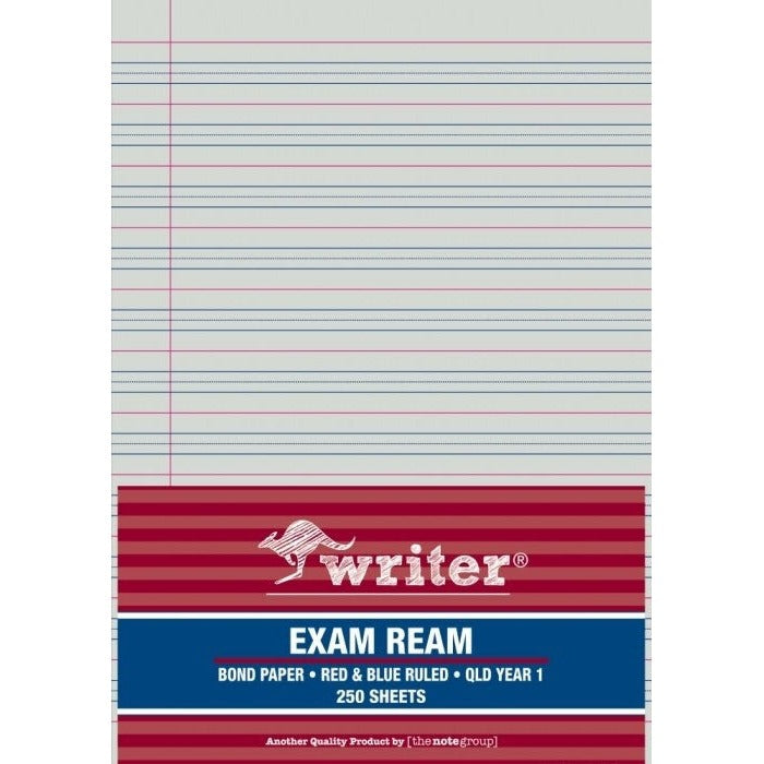 Writer exam ream with a dark red striped wrapper printed bond paper, red and blue ruled, QLD Year 1, 250 sheets, over a sheet with red, blue and dotted lines