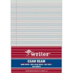 Writer exam ream with a dark red striped wrapper printed bond paper, red and blue ruled, QLD Year 1, 250 sheets, over a sheet with red, blue and dotted lines